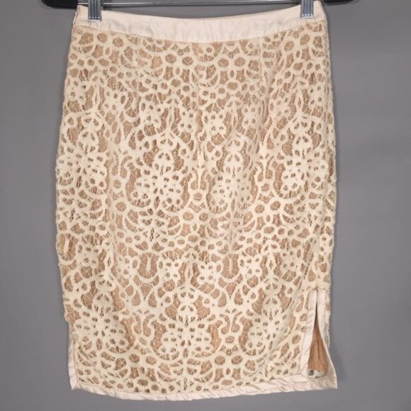 Kora Rae Women’s WOOL SILK Blend Beige‎ Lace Pencil Skirt USA MADE No Size Tag S - Picture 6 of 16